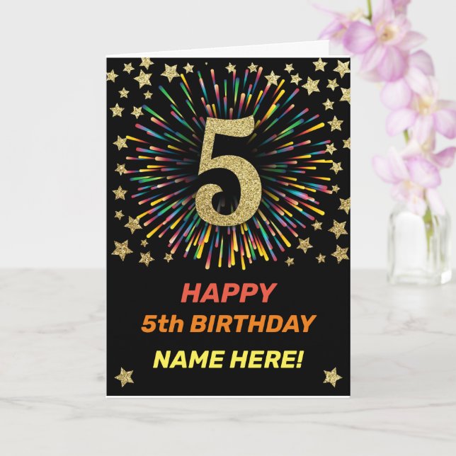 Happy 5th Birthday Black & Gold Rainbow Firework Card (Orchid)