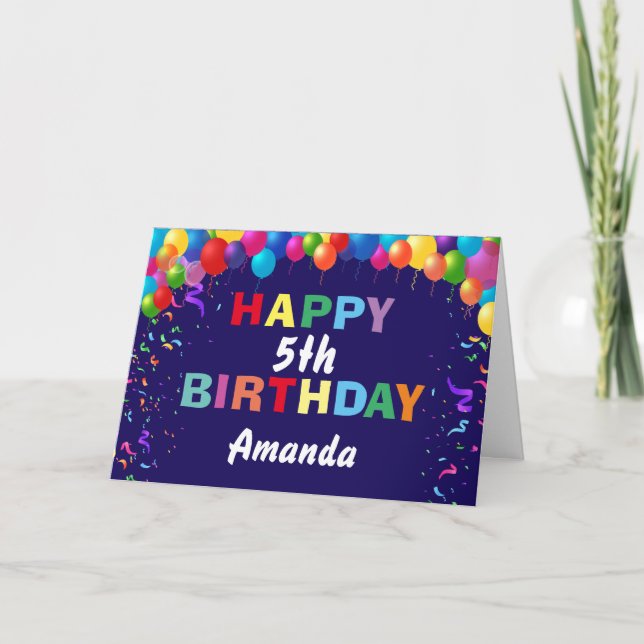 Happy 5th Birthday Colourful Balloons Navy Blue Card (Front)