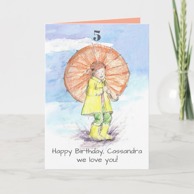 Happy 5th Birthday Girl Umbrella Custom Name  Card (Front)