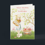 Happy 5th Birthday Granddaughter, Girl and Animals Card<br><div class="desc">Cute watercolor happy 4th birthday for young granddaughter featuring a country girl hugging a rooster while a kitten looks over a wagon full of strawberries and watches a puppy playing with a ball of string in the green grass.</div>