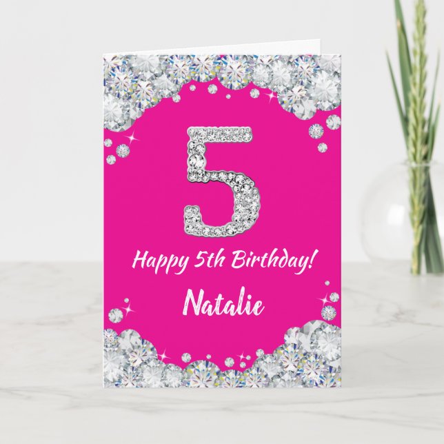 Happy 5th Birthday Hot Pink and Silver Glitter Card (Front)