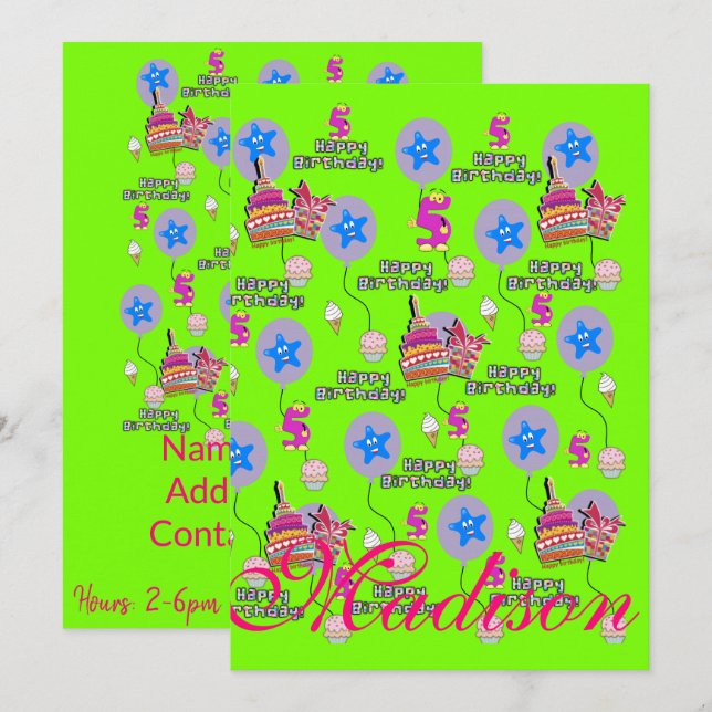 Happy 5th Birthday Invitation Birthday #5 Green (Front/Back)