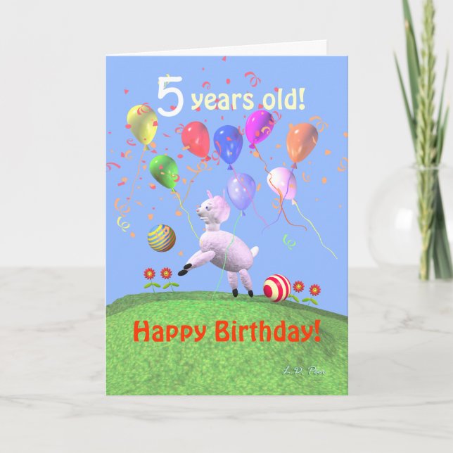 Happy 5th Birthday Lamb and Balloons Card (Front)