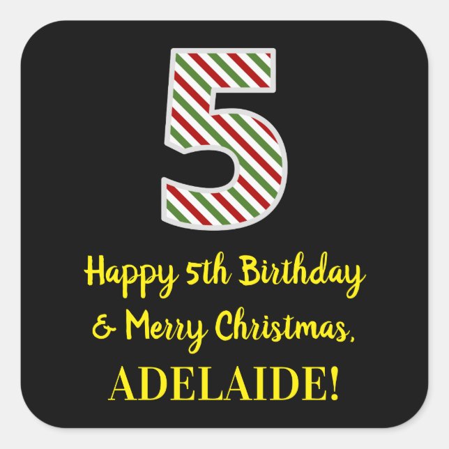 Happy 5th Birthday & Merry Christmas, Custom Name Square Sticker (Front)