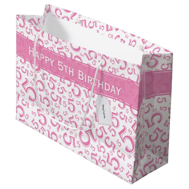 Happy 5th Birthday Number Pattern 5 Pink/White Large Gift Bag (Front Angled)