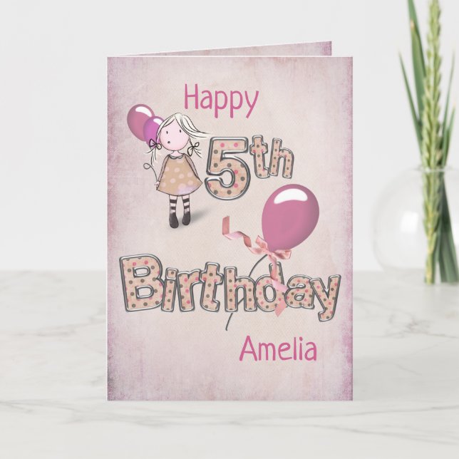 Happy 5th Birthday polka dots and balloons Card (Front)
