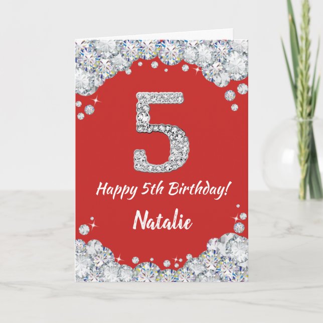 Happy 5th Birthday Red and Silver Glitter Card (Front)