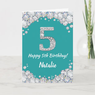 Happy 5th Birthday Teal and Silver Glitter Card