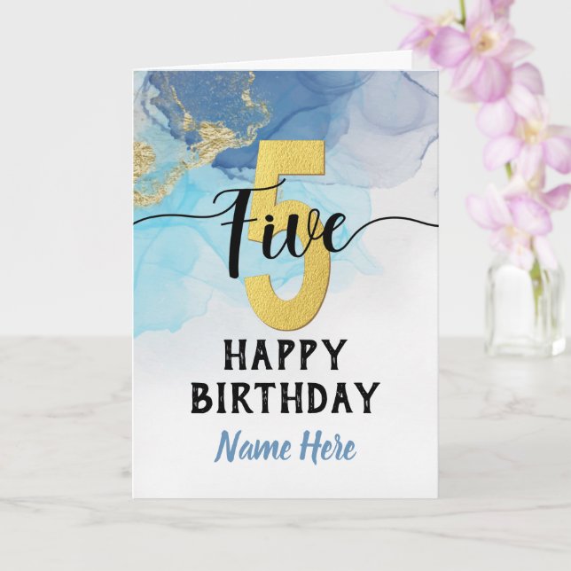 Happy 5th Birthday Watercolor Blue & gold Boy Card (Orchid)