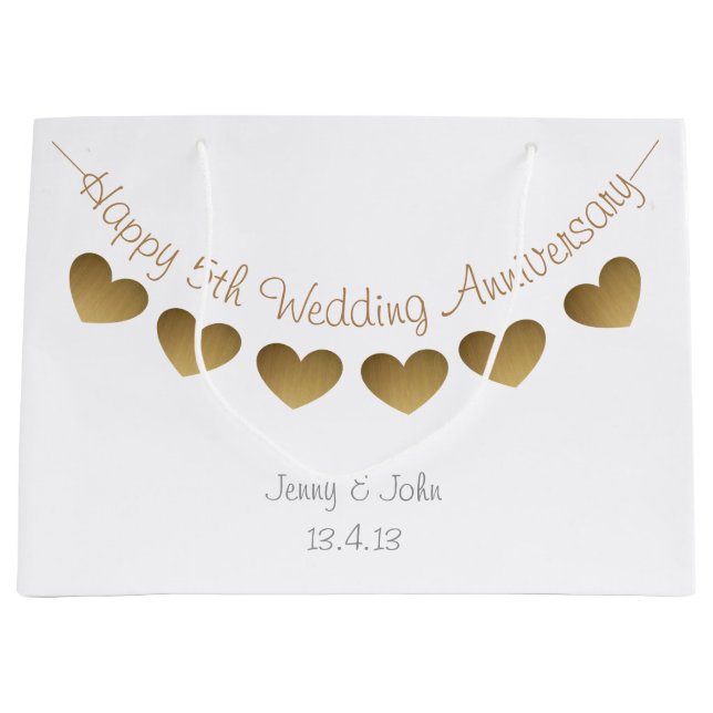Happy 5th Wedding Anniversary, wood heart bunting Large Gift Bag (Front)