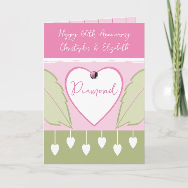 Happy 60th Anniversary add names pink green Card (Front)