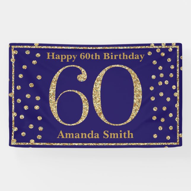 Happy 60th Birthday Banner Navy Blue Gold Glitter (Horizontal)