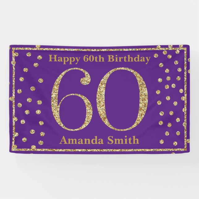 Happy 60th Birthday Banner Purple and Gold Glitter (Horizontal)