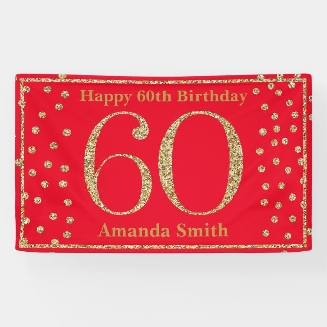 Happy 60th Birthday Banner Red and Gold Glitter (Horizontal)