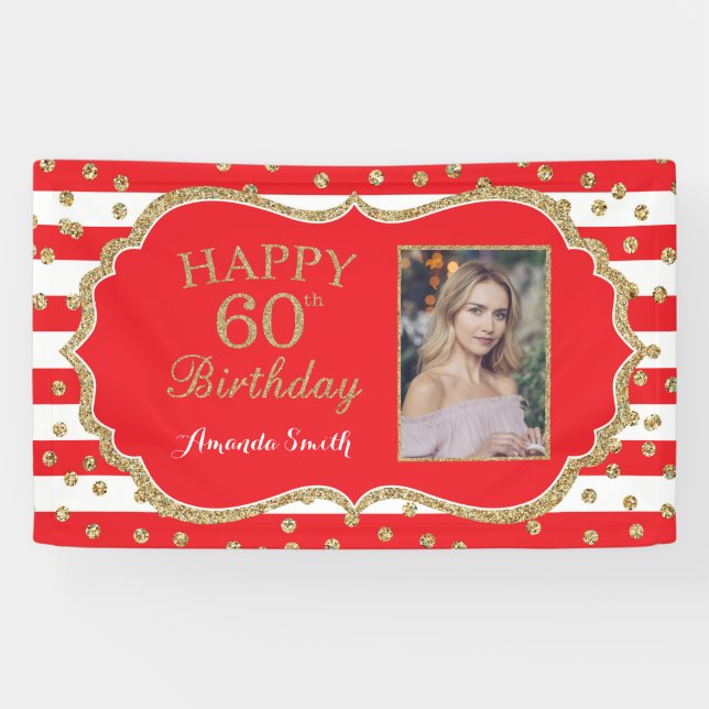 Happy 60th Birthday Banner Red Gold Glitter Photo (Horizontal)