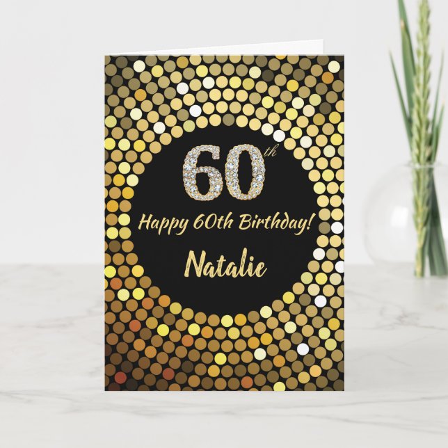 Happy 60th Birthday Black and Gold Glitter Card (Front)