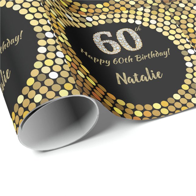 Happy 60th Birthday Black and Gold Glitter Wrapping Paper (Roll Corner)