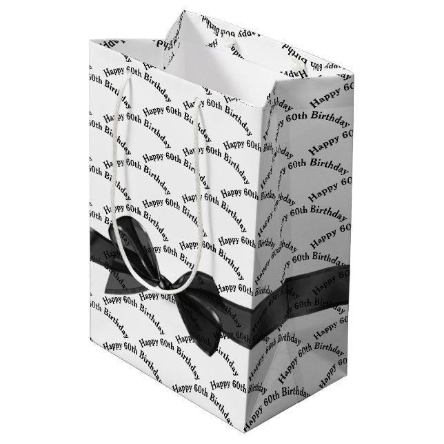 Happy 60th Birthday Black Bow On White Medium Gift Bag (Back Angled)