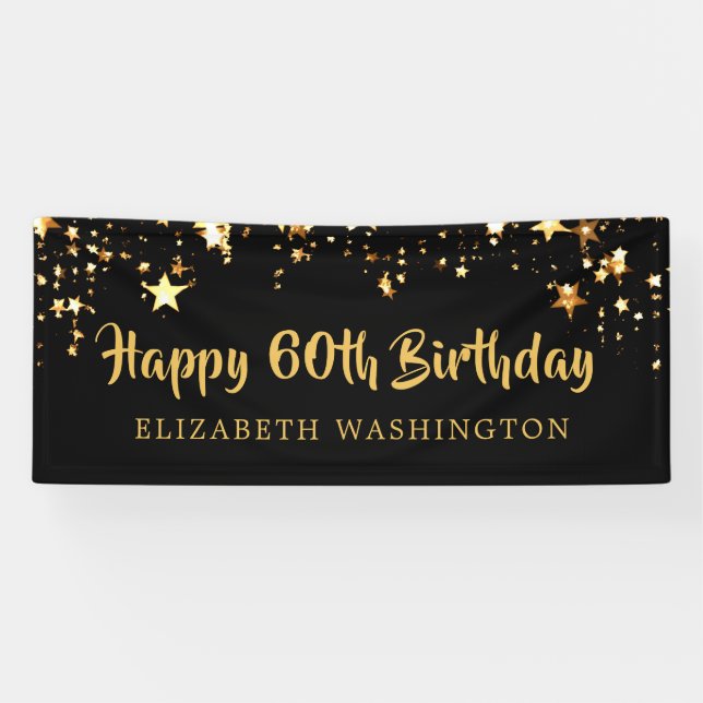 Happy 60th Birthday Black Gold Stars or Your Text Banner (Horizontal)