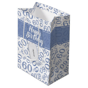Happy 60th Birthday Blue and White Number Pattern Medium Gift Bag