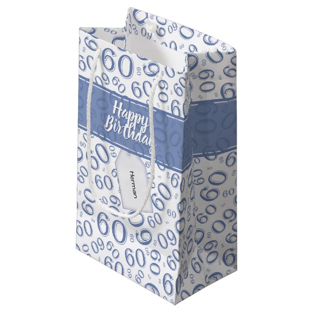 Happy 60th Birthday Blue and White Number Pattern Small Gift Bag (Front Angled)
