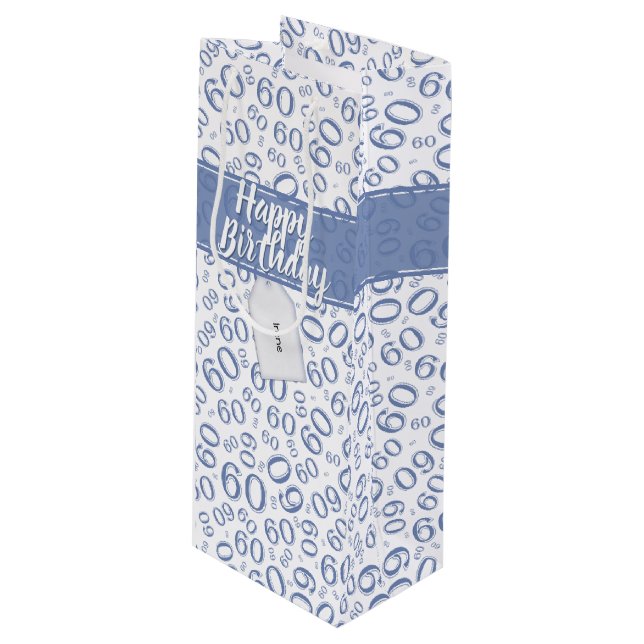 Happy 60th Birthday Blue and White Number Pattern Wine Gift Bag (Front Angled)