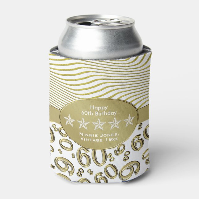 Happy 60th Birthday Gold and White Number Pattern Can Cooler (Can Front)
