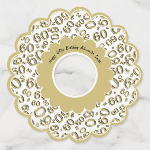 Happy 60th Birthday Gold and White Number Theme Wine Glass Tag