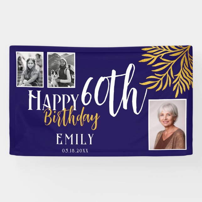 Happy 60th Birthday Gold Foliage 3 Photo Backdrop Banner (Horizontal)