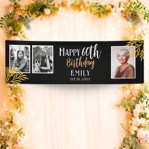 Happy 60th Birthday Gold Foliage 3 Photo Backdrop Banner