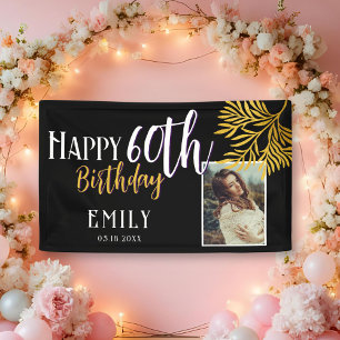 Happy 60th Birthday Gold Foliage Photo Backdrop Banner