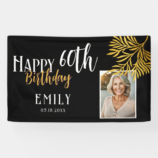 Happy 60th Birthday Gold Foliage Photo Backdrop Banner (Horizontal)