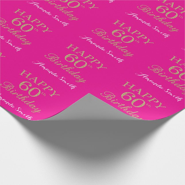 Happy 60th Birthday Gold Glitter and Hot Pink Wrapping Paper (Corner)
