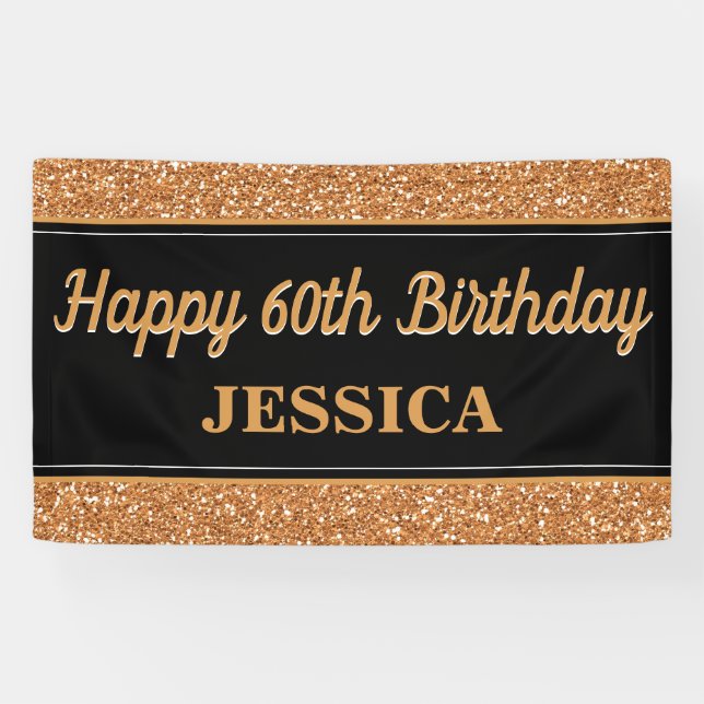 Happy 60th Birthday Gold Glitter Black Banner (Horizontal)