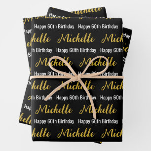 Happy 60th Birthday Gold Name Black and White Wrapping Paper Sheet