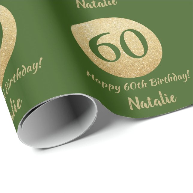 Happy 60th Birthday Green and Gold Glitter Wrapping Paper (Roll Corner)