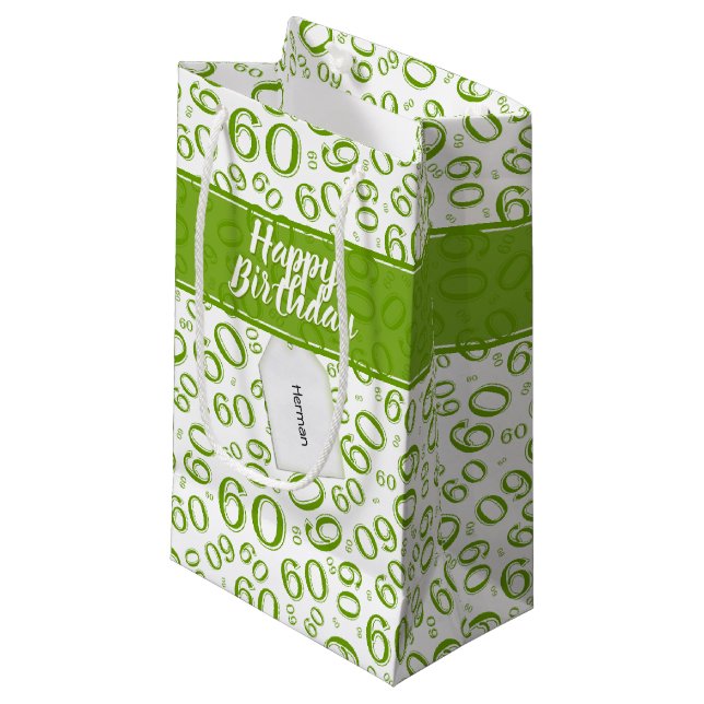 Happy 60th Birthday Green and White Number Pattern Small Gift Bag (Front Angled)