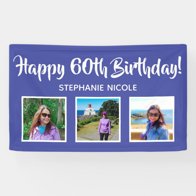 Happy 60th Birthday Lavender Personalised 3 Photos Banner (Horizontal)