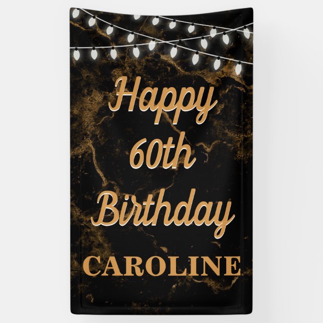 Happy 60th Birthday Lights Gold Black Vertical Banner (Vertical)