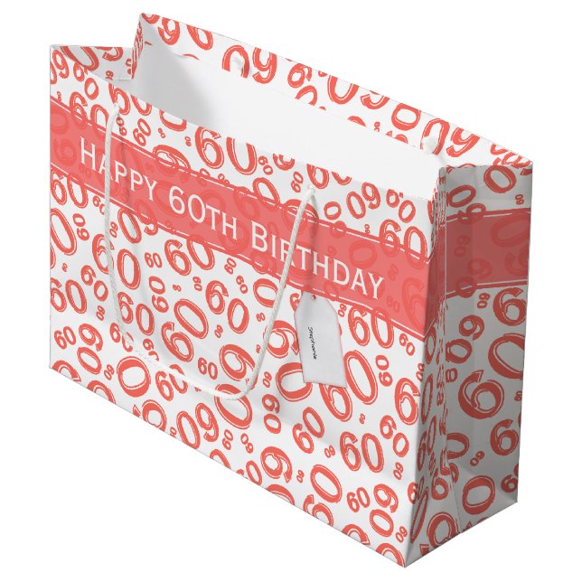 Happy 60th Birthday Number Pattern Coral/White Large Gift Bag (Front Angled)