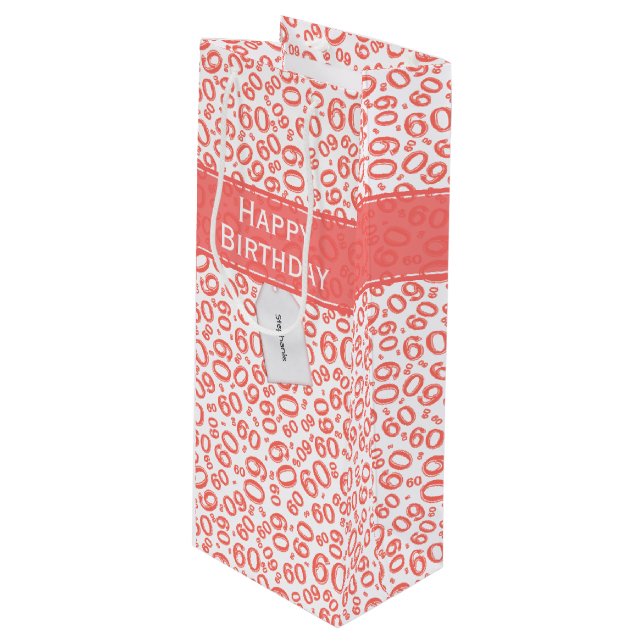 Happy 60th Birthday Number Pattern Coral/White Wine Gift Bag (Front Angled)