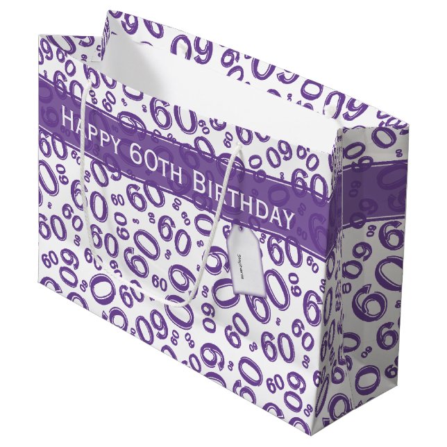 Happy 60th Birthday Number Pattern Purple/White Large Gift Bag (Front Angled)