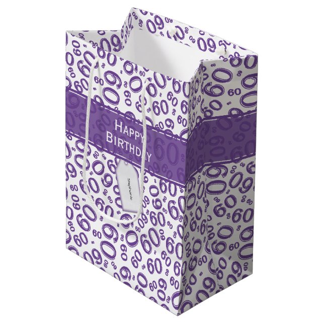Happy 60th Birthday Number Pattern Purple/White Medium Gift Bag (Front Angled)