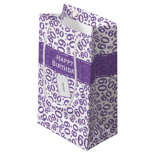 Happy 60th Birthday Number Pattern Purple/White Small Gift Bag (Front Angled)