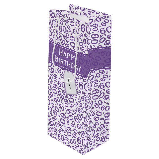 Happy 60th Birthday Number Pattern Purple/White Wine Gift Bag (Front Angled)