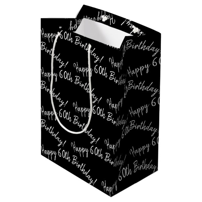 Happy 60th Birthday on black Medium Gift Bag (Back Angled)
