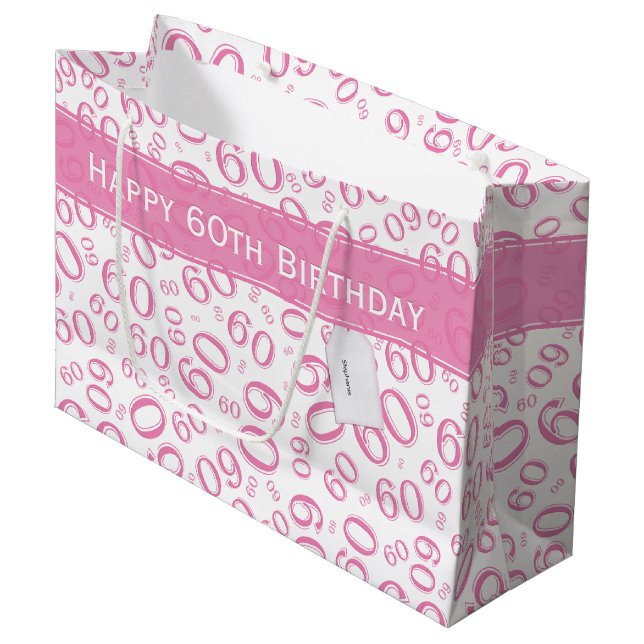 Happy 60th Birthday Party Pattern Pink and White Large Gift Bag (Front Angled)