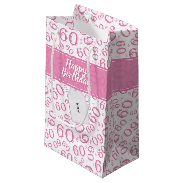 Happy 60th Birthday Pink and White Number Pattern Small Gift Bag (Front Angled)