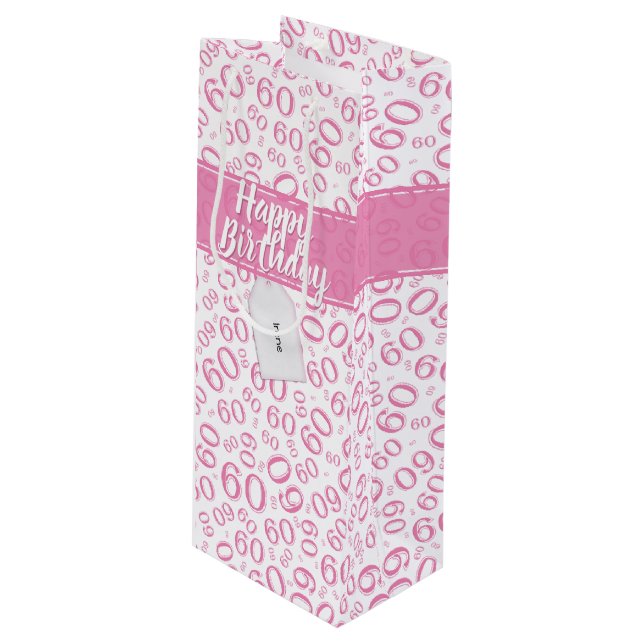 Happy 60th Birthday Pink and White Number Pattern Wine Gift Bag (Front Angled)