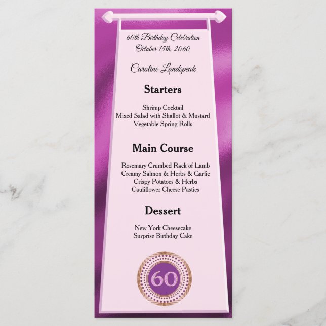 Happy 60th Birthday Pink Glitter Foil Menu (Front)